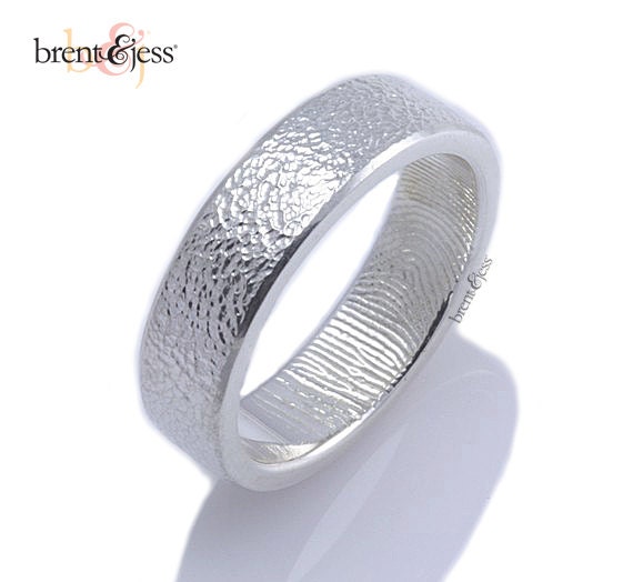 6mm Sterling Custom Fingerprint Ring with Orange Peel Texture Outside and Fingerprint Wrapped around the Inside NOT BLACKENED