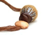 Cinnamon Spice Ribbon Tie Necklace -Simple Brown Felt Bead Kazuri Adjustable Silver