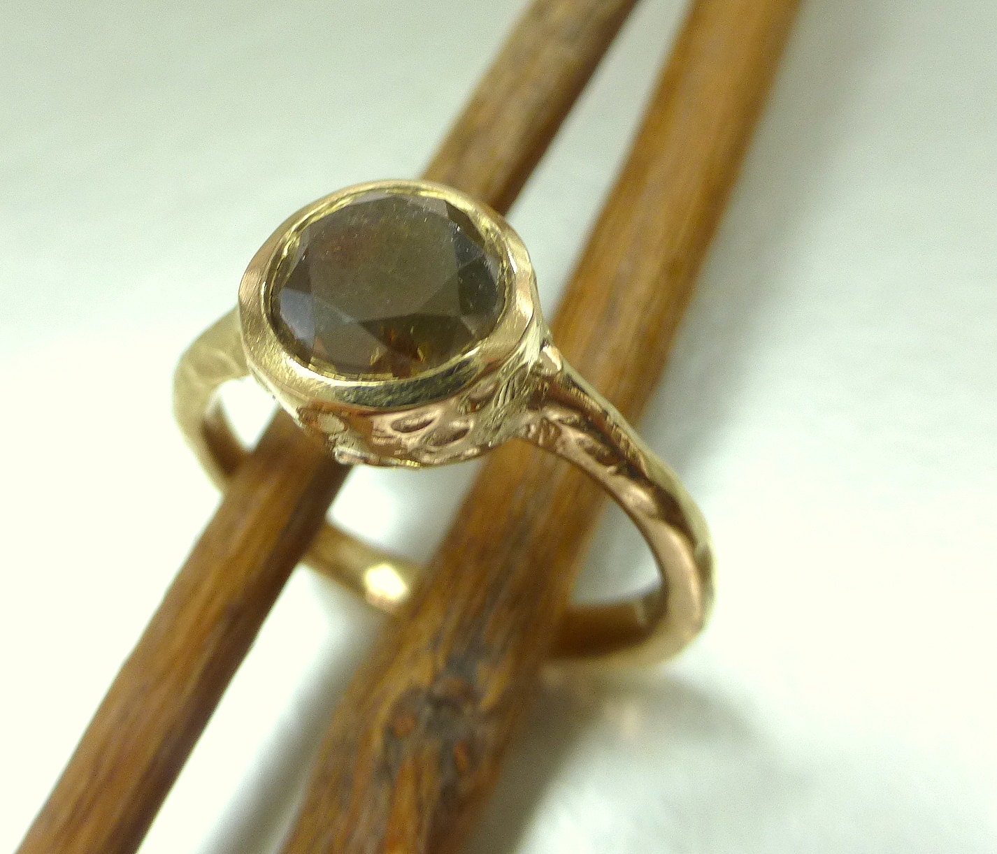 Engagement ring rose cut colored diamond.  Hammered ring. 14K. ON SALE. ready to ship.