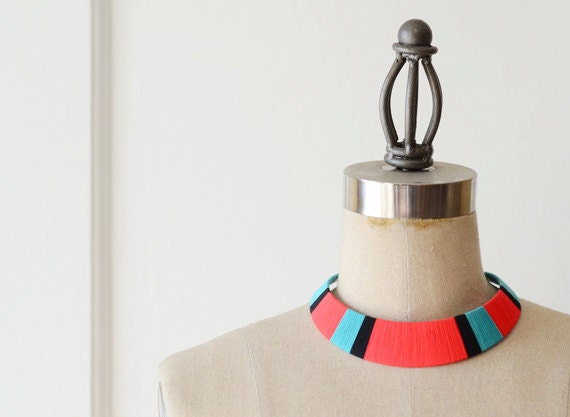 Tribal. Futuristic. Colorful. Thread Wrapped Statement Necklace in Bright Pink, Electric Blue & Black - no. 701I