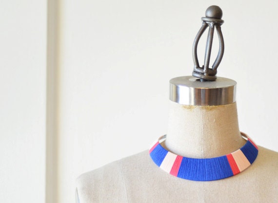 Geometric. Colorblock. Bold. Thread Necklace in Cobalt Blue & Schiaparelli Pink - no. 701K
