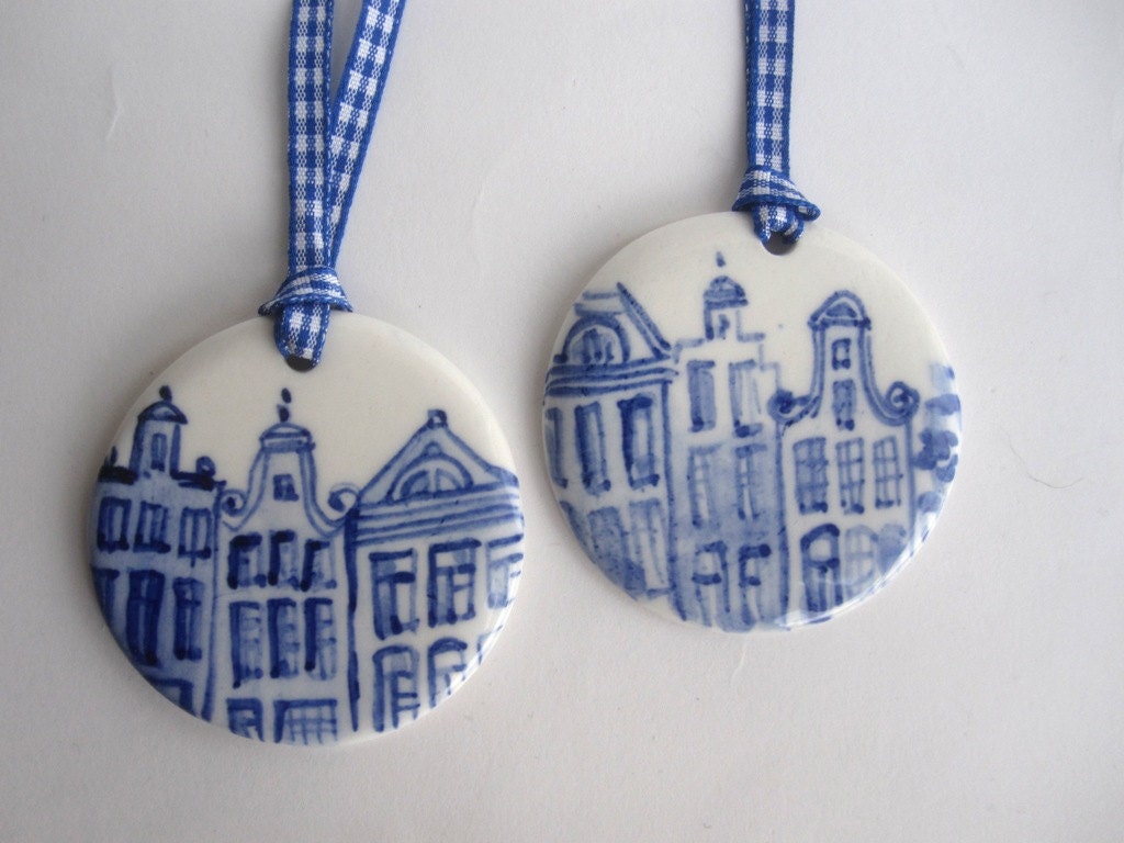 Blue Delft Canal Houses - Handpainted  Porcelain Ornament/ Wall Hanging