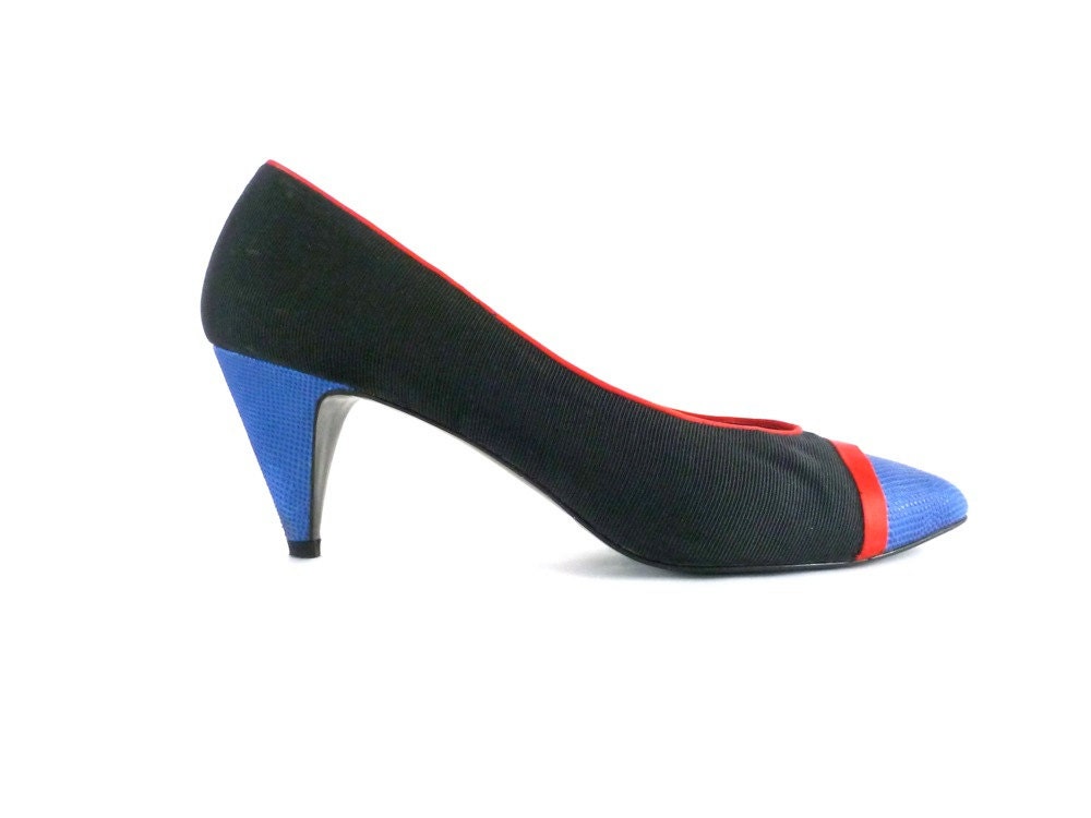 80s Heels // COLORBLOCK // 1980s Black Red Blue Shoes Size 9