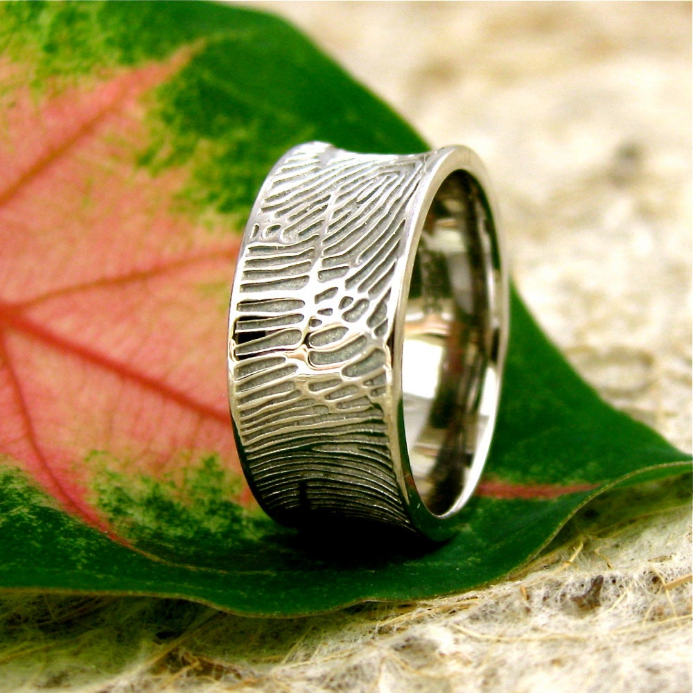 Personalized Palm or Fingerprint Wedding Ring in Palladium with Concave Profile and Glossy Finish Size 6.5/8mm
