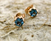 Handmade Aquamarine Stud Earrings in Solid 14K Rose Gold with Custom Designed Baskets and Scrolls