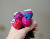 Crochet Flower Brooch - Cotton and Wool - Playful Brooch from My Little Garden -  Hot Pink Sea Blue Natural White Dark  Green - OOAK