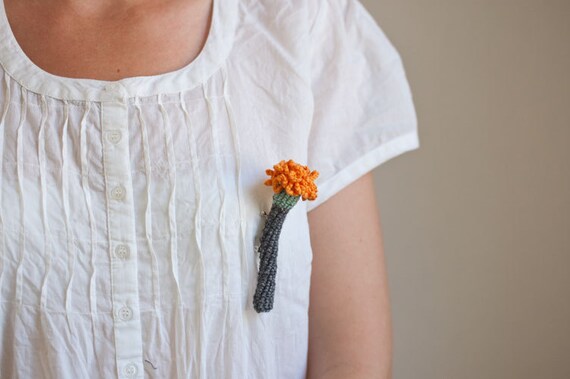 Crocheted Flower Brooch - Playful Jewelry from My Little Garden - Dark Grey Mint Orange Cotton and Wool. - OOAK