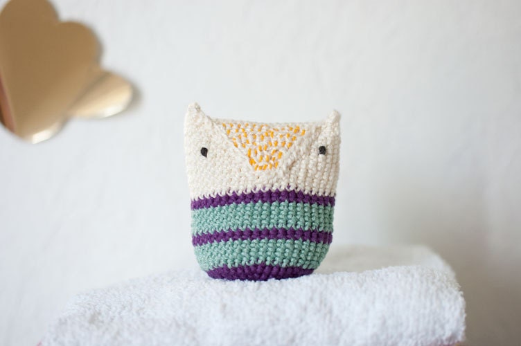 Crocheted Owl Baby Toy for Baby Boys and Baby Girls - Natural White Violet Lilac Purple Mint Stripes Cotton - OOAK - Summer Snow Owl