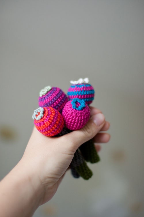 Crochet Flower Brooch - Cotton and Wool - Playful Brooch from My Little Garden - Hot Pink Sea Blue Natural White Dark Green - OOAK