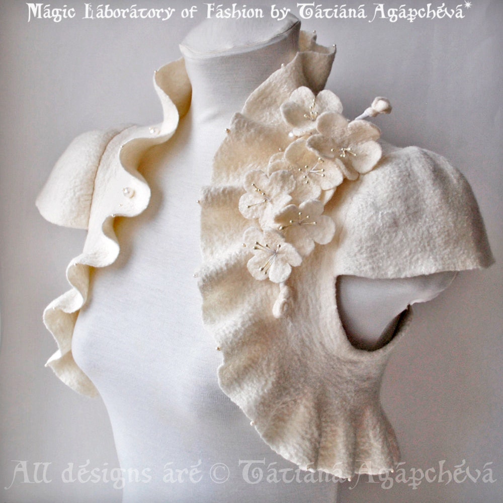 Statement Bolero,  Shrug, Jacket, Ivory, Wedding Felted Couture, Blossoms Cherry Corsage, Cap Sleeves, US 6 /CHERRY Blossoms/
