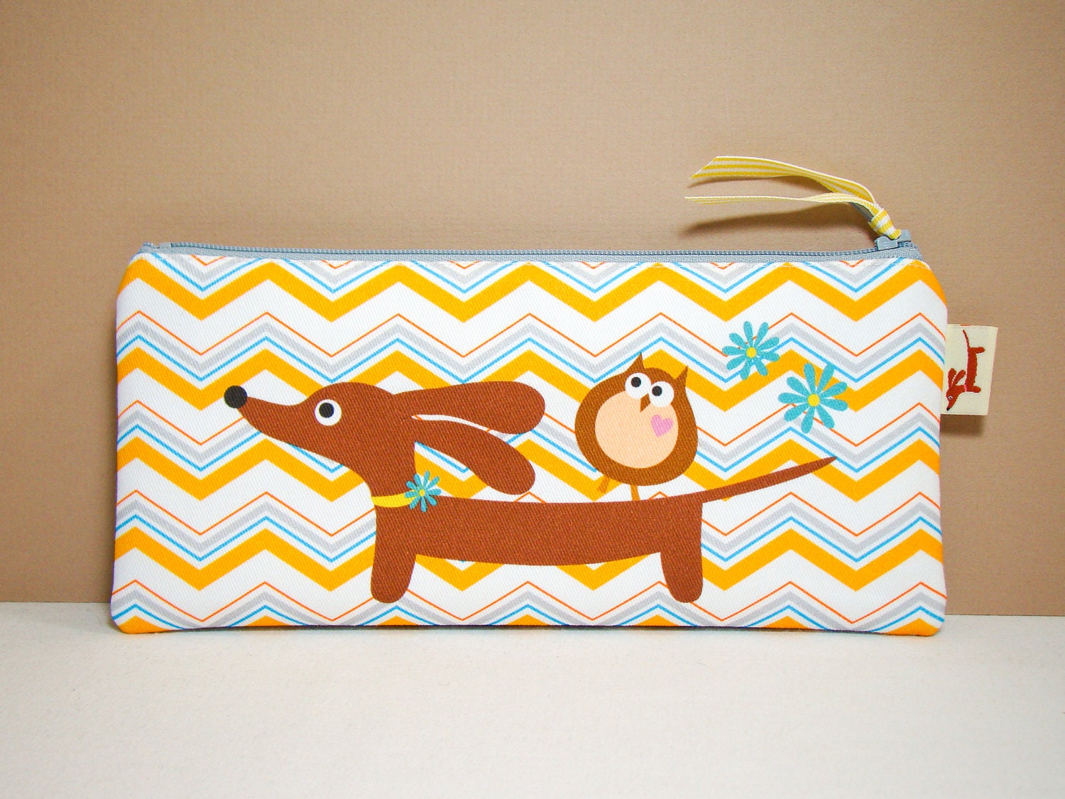 Dachshund Dog Pencil Case - Doxie and Owl Chevron Daisy Delight Gadget Pouch