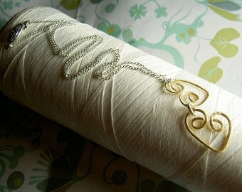 SALE ...  Two of Heart - hand forged yellow brass hearts and sterling silver necklace