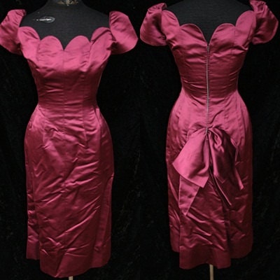 For Sale Vintage Holiday Satin Burgundy Mad Men 50s 60s 1950s Wiggle Dress Scalloped Big Bow Fishtail