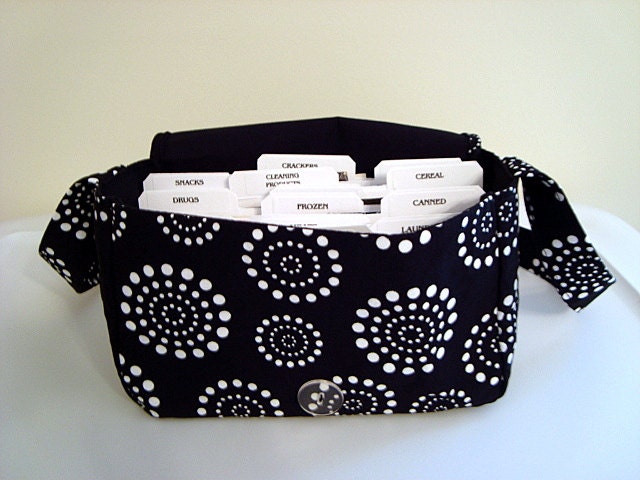 Super Size Fabric Coupon Organizer Box Holder -Attaches to your Shopping Cart - Black with White Dotted Circles