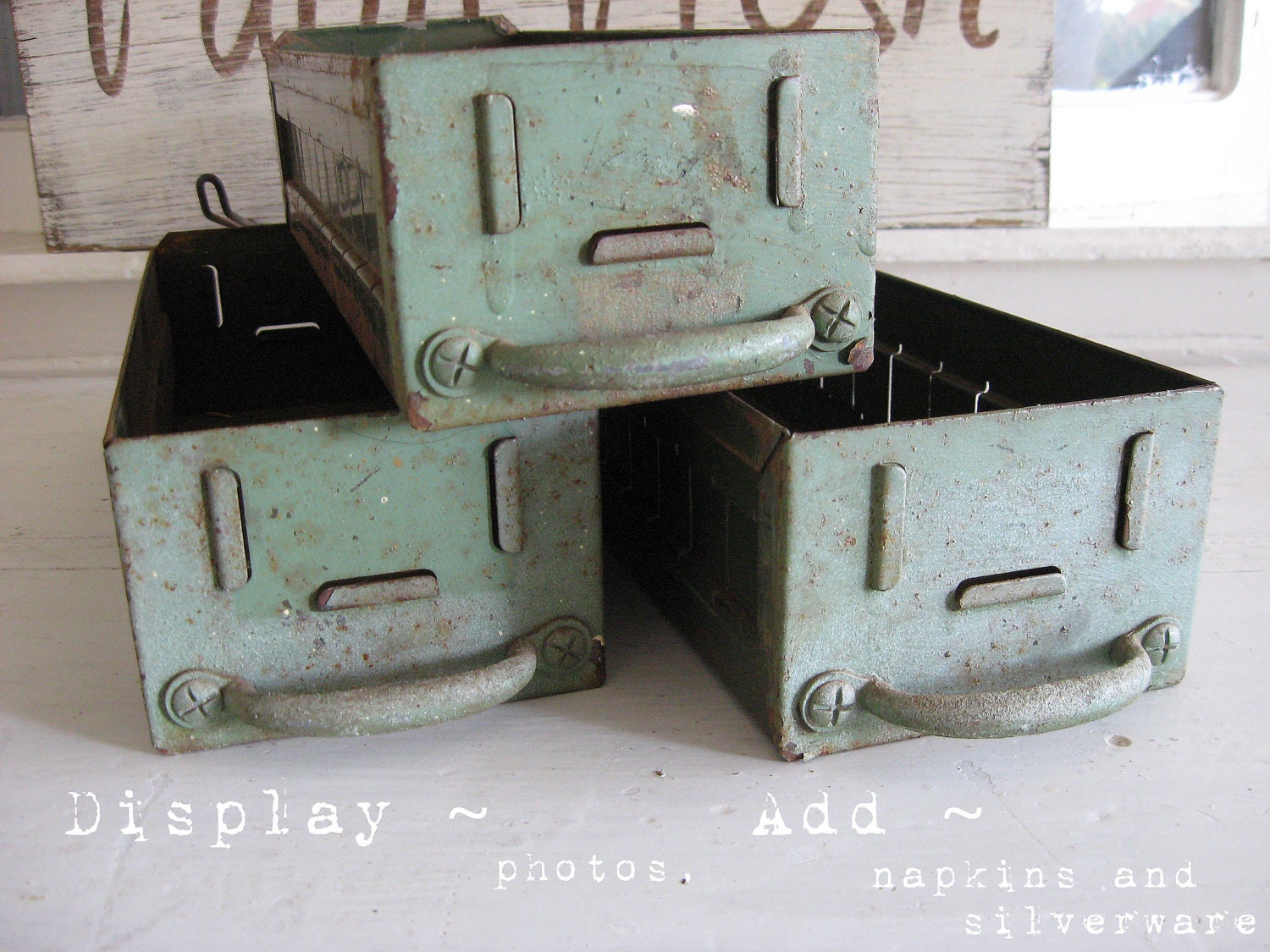 Vintage Metal Drawers - Great Displays - Old Tattered Green Paint - So Rustic - So Chic -