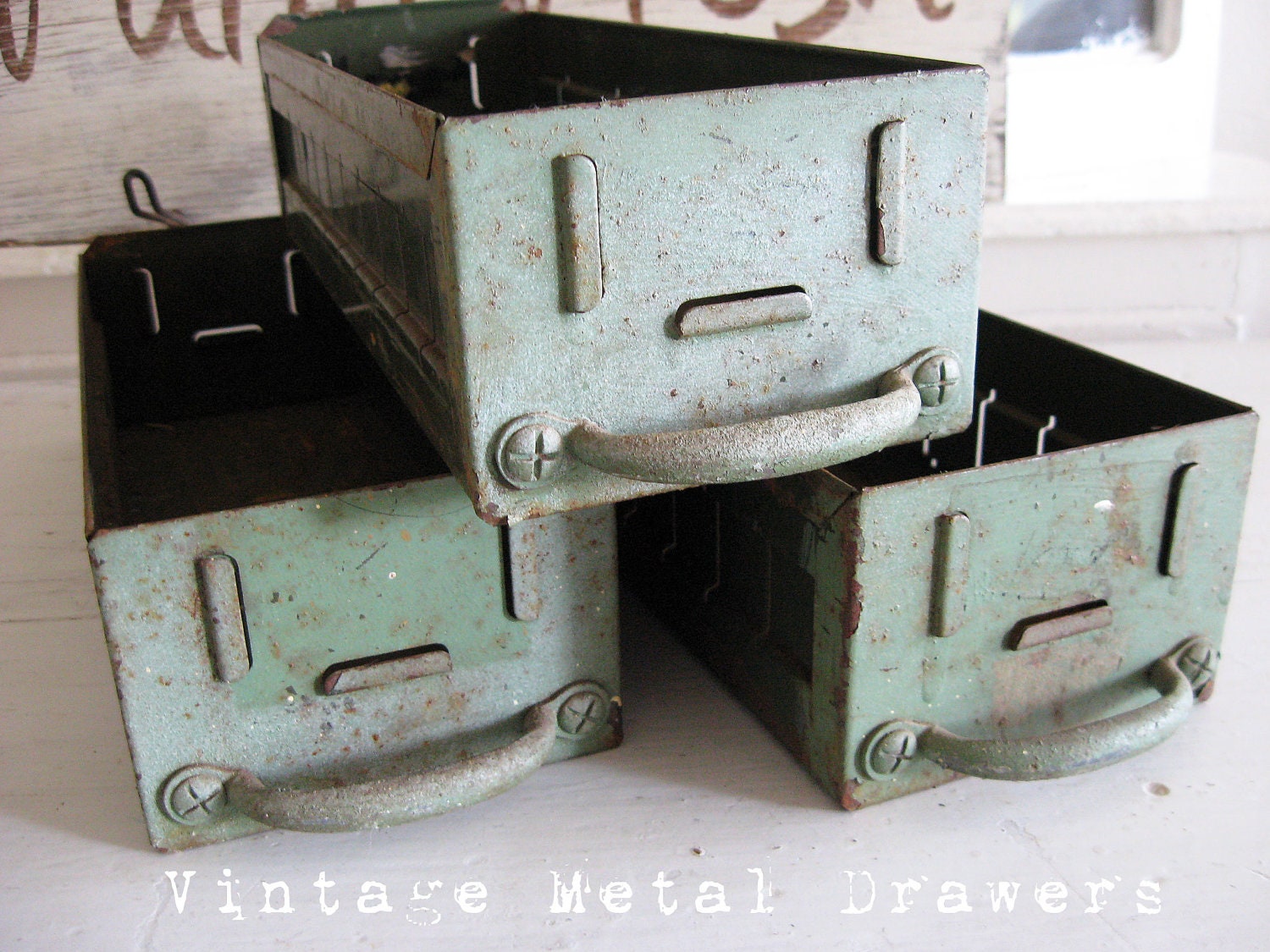 Vintage Metal Drawers - Great Displays - Old Tattered Green Paint - So Rustic - So Chic -