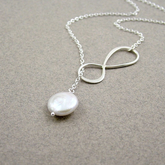Infinity Lariat Necklace, Coin Pearl, Sterling Silver, Bridal Pearl Necklace, Eternity Love, Best Friends