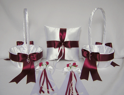 Wedding Accessories Burgundy Double Heart Flower Girl Baskets Ring Bearer Pillow HeadpiecesYour Colors