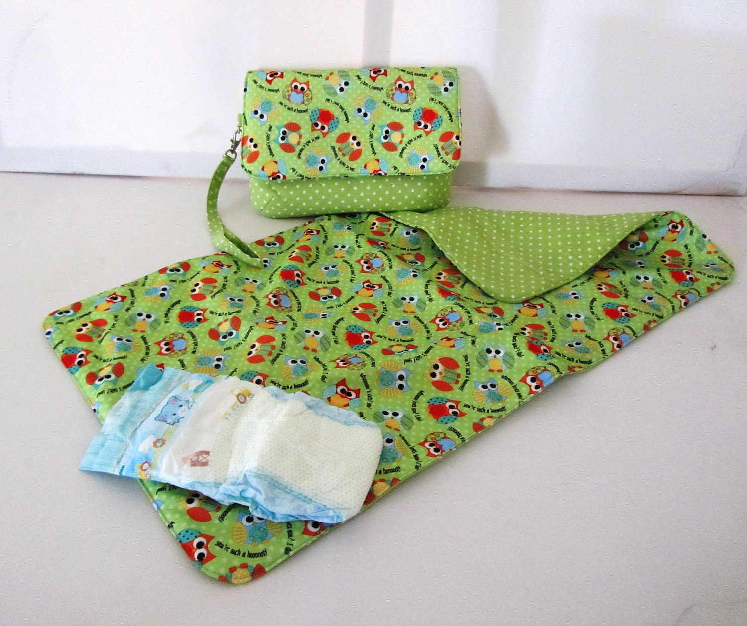 Owl Diaper and Wipe Bag Pouch Clutch with washable changing mat pad