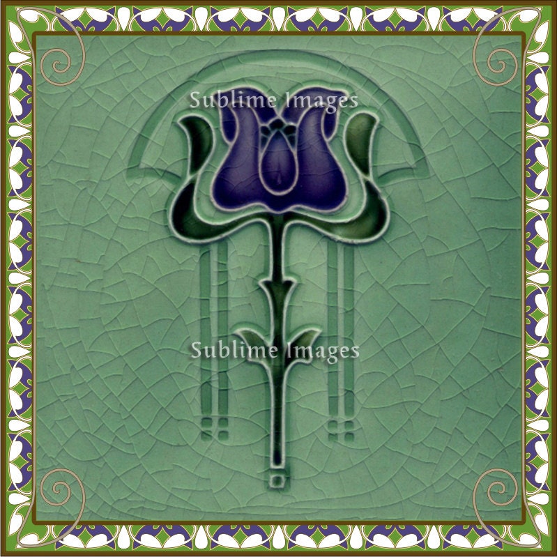 Glass Trivet 6 inch square - Vintage Art Nouveau Tile (Purple Flower)