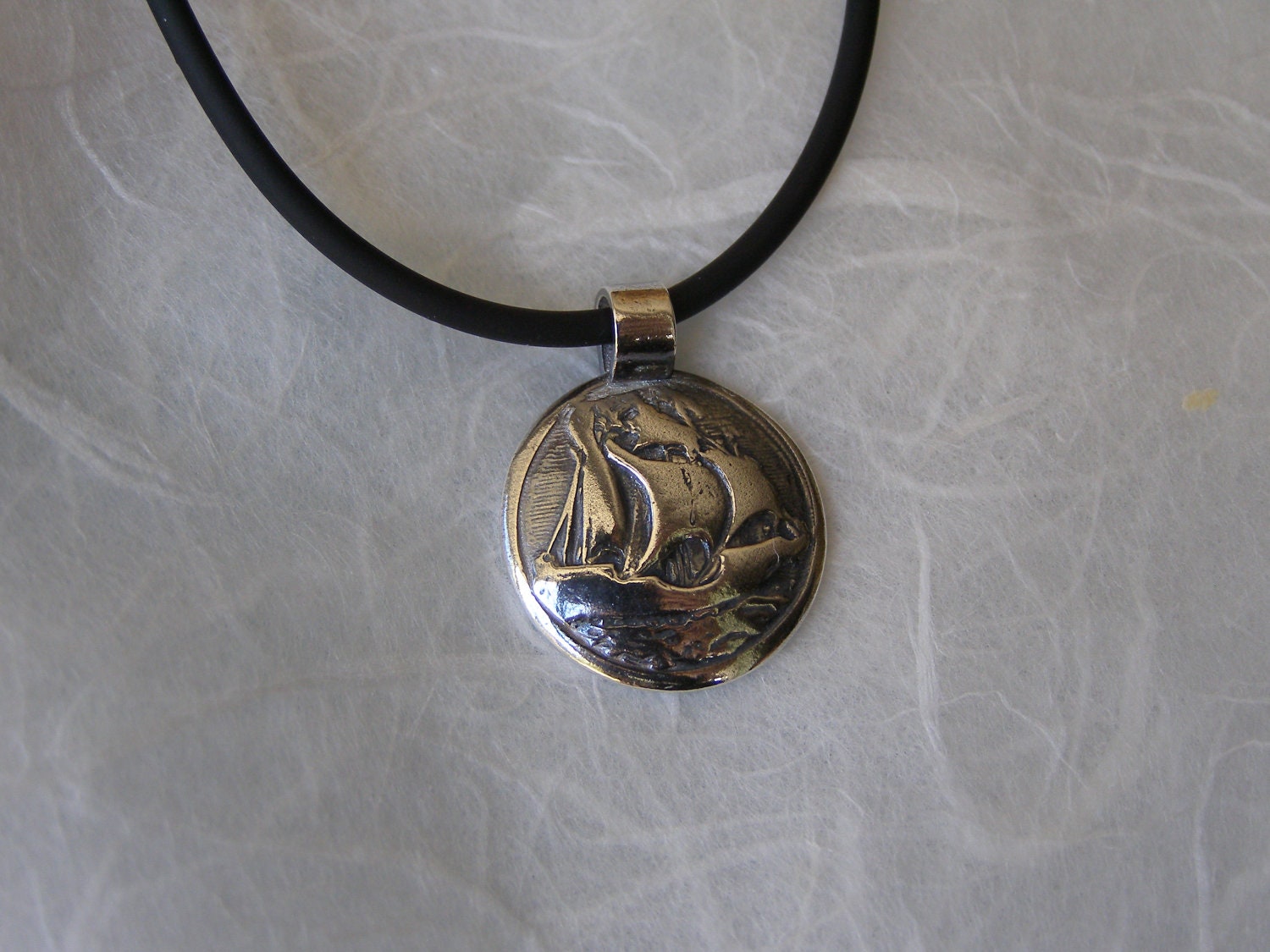 Fine Silver Pendant with Ship from Vintage Button
