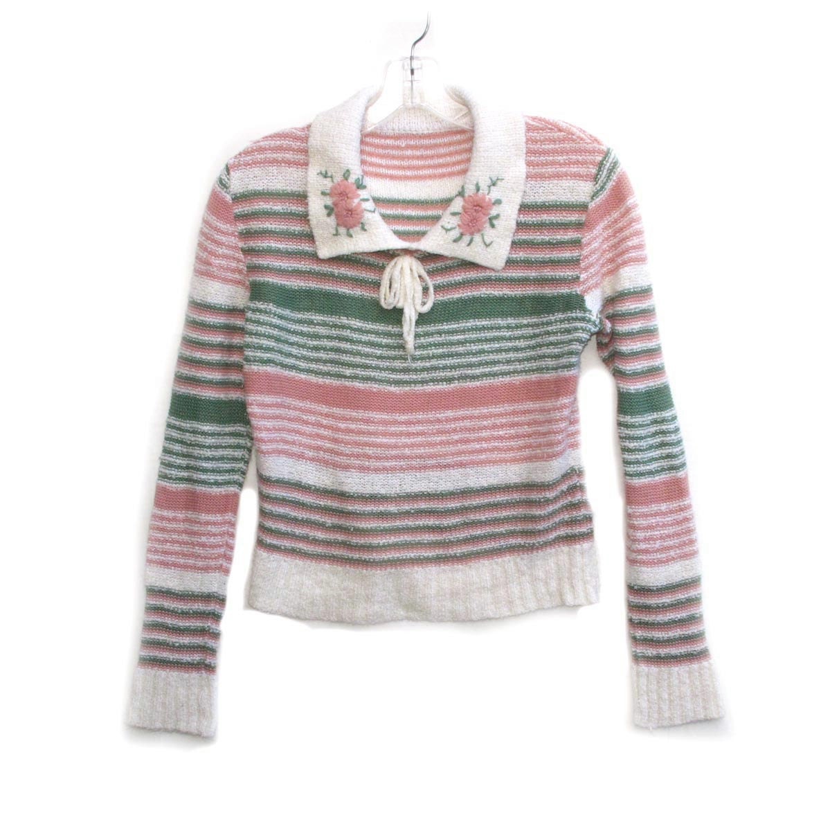 80s Boucle Knit Stripe Sweater Embroidered Collar, Vintage Sweater Muted Pink and Green Small