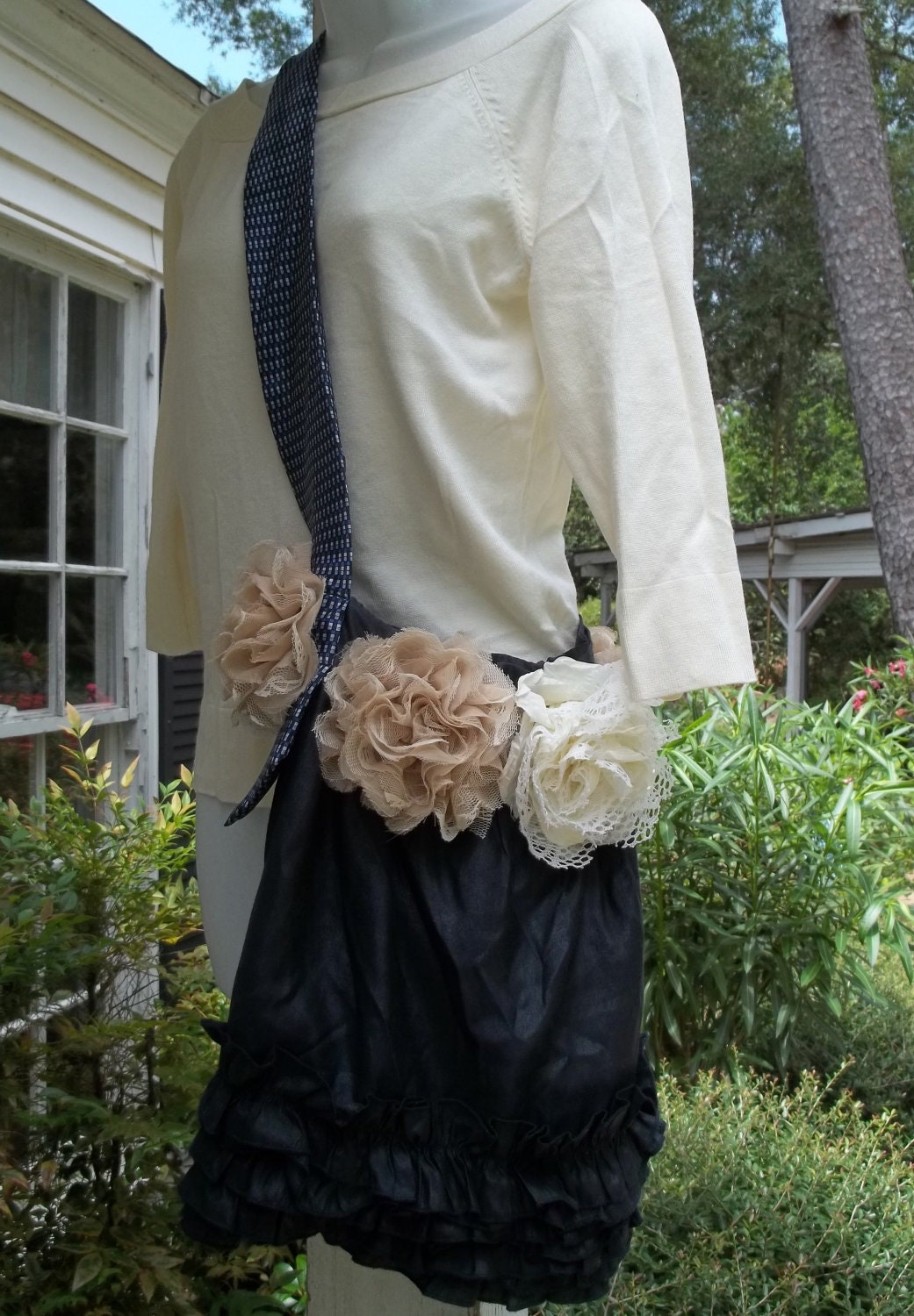 Upcycled Shabby Ruffled Cross Body Tote Purse Messenger Market Bag Tattered Flowers