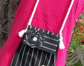 Upcycled Refashioned Over the Shoulder Pouch Small Purse Black Tan Coin Wallet Bag with Fabric Flowers