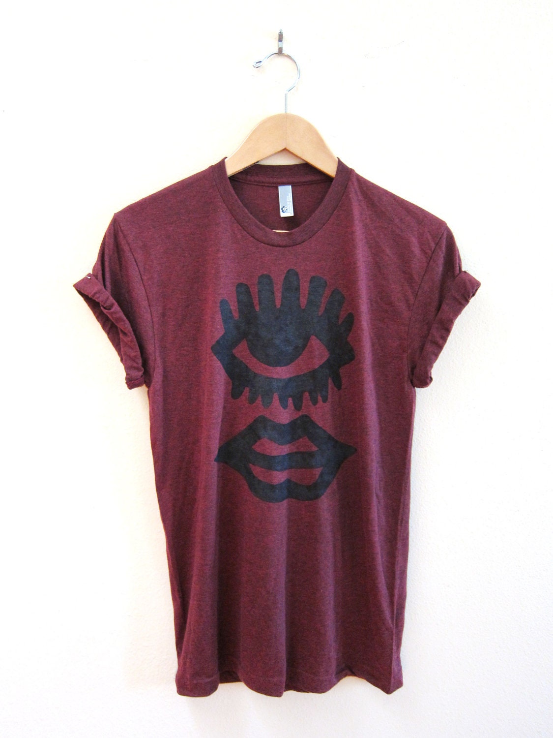 One Eyed Monster Hand Stenciled Slouchy Crew Neck Rolled Cuffs Tee in Heather Cranberry - S M L XL 2XL 3XL 4XL