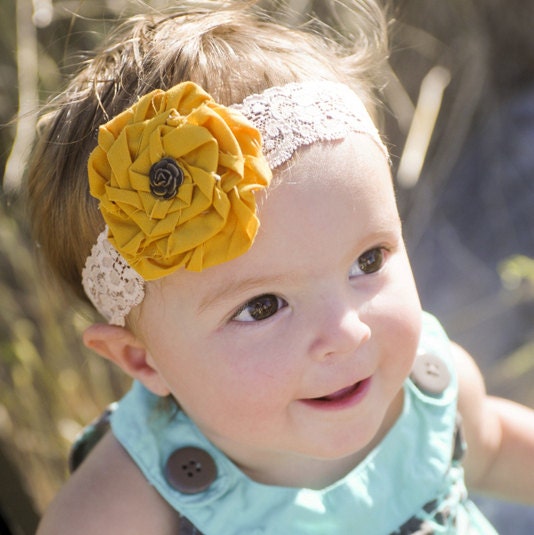 BABY RUTH - Mustard yellow and  beige lace rose headband