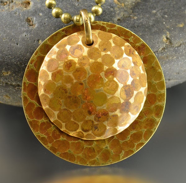 HONEYCOMB - domed hammered metal brass antique patina - layered discs - Handmade Metal Pendant 24in antiqued brass ball chain necklace