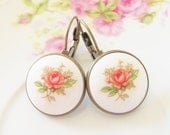 Pink Rose Earrings - Vintage Porcelain Rose Flower Antique Brass Lever Back Drop Dangles - Pink Romantic Wedding, Bridal Bridesmaid Earrings