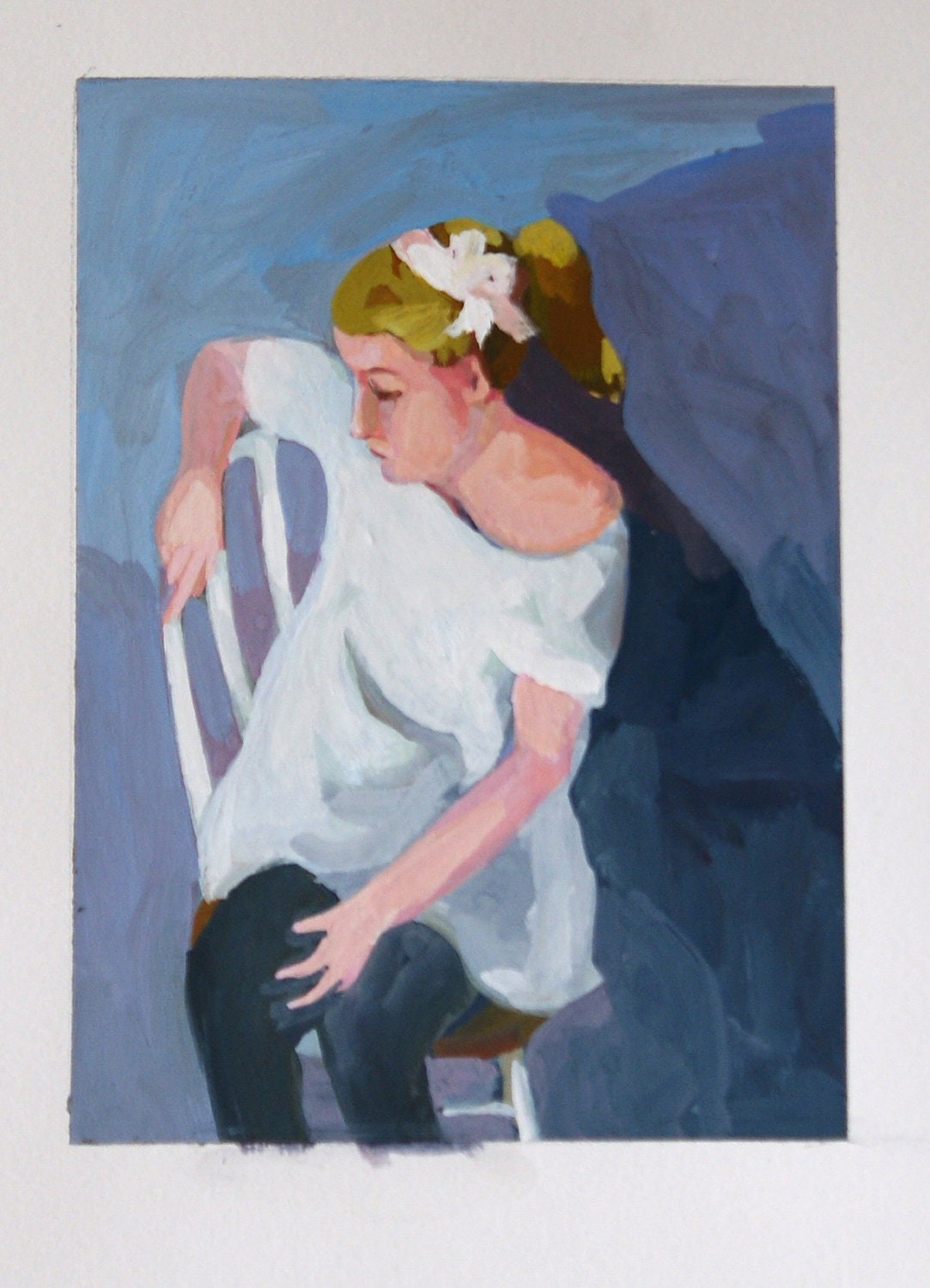 Girl with a white bow on her hair- Original watercolor portrait
