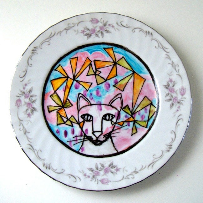 Ceramic Plate Cat Rain Clouds Geometric Orange Triangles Turquoise blue Metallic Pink Decorative Hand Painted Upcycled - READY TO SHIP