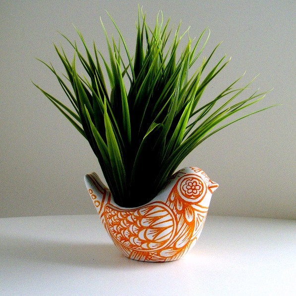 Ceramic Bird Planter Orange White Folk Art Vase Fall Home Decor Painted Tattoo Autumn Tangerine - MADE TO ORDER
