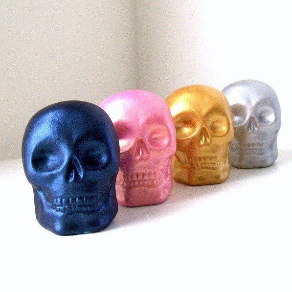 Ceramic Skulls Metallics Blue Gold Pink Silver Halloween Day of the Dead Modern Painted Home Decor - READY TO SHIP