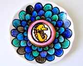 Seahorse Jewelry Dish Ceramic Plate Upcycled Nautical Home Decor Folk Art Nature Sea Creatures Painted Turquoise Emerald Green Navy