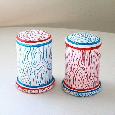Ceramic Salt and Pepper Shakers Woodgrain turquoise blue red faux bois hand painted tabletop decor - MADE TO ORDER