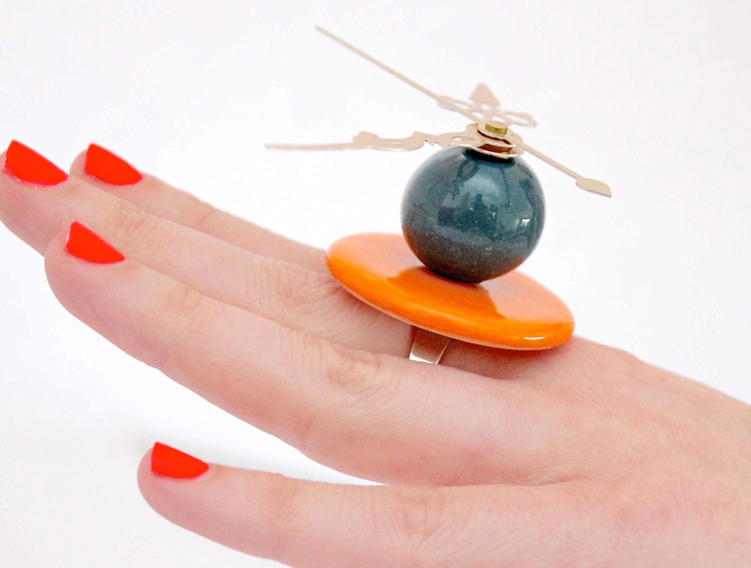 New Year Fashion Clock Ring Ceramic - big bold oversize handmade statement cocktail ring - PARTY TIME - 1.5 inch
