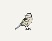 Original Blue Tit bird lino print art over collage