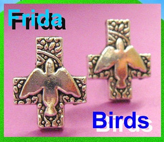 UNIQUE Frida kahlo birds stud earrings Day of the dead Dia de los muertos Mexico folk altered art