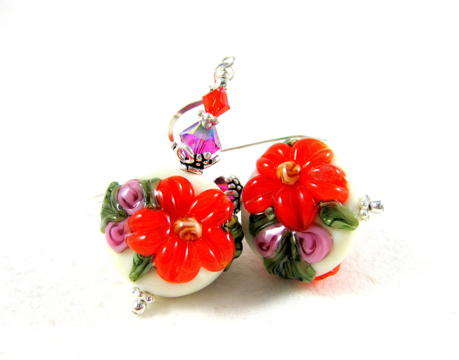 Orange Pink Flower Earrings, Floral Lampwork Earrings,  Spring Earrings, Ivory Glass Bead Earrings, Dangle Earrings - Brilliant Mums