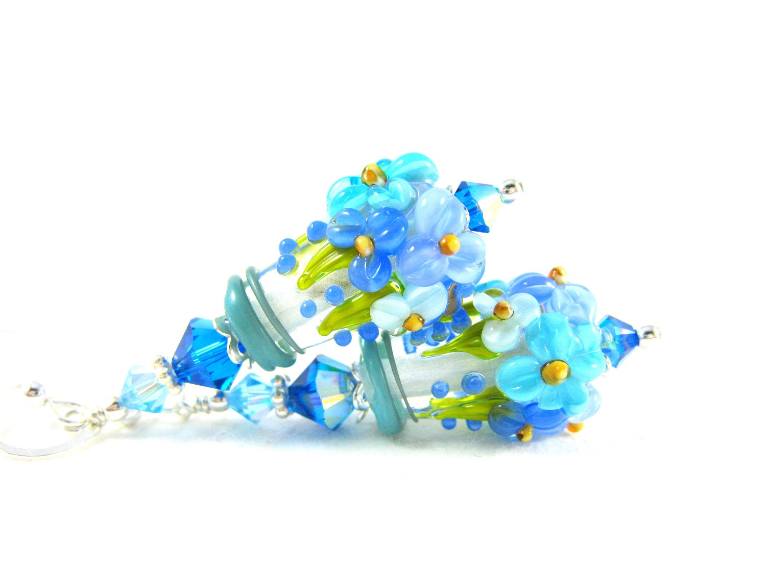 Pastel Blue Flower Earrings, Turquoise Royal Blue Floral Lampwork Earrings, Summer Beadwork Earrings, Dangle Earrings - Ice Bouquet
