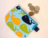 Boys Mini Coin Purse Whales Mini Change Purse Little Zipper Coin Pouch Urban Zoologie Anne Kelle Blue Handmade MTO