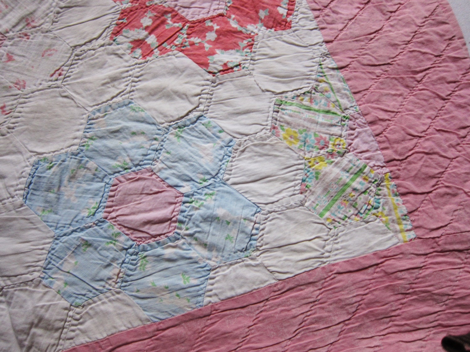 Antique quilt , 1930s,  Grandmothers Garden, hexagons,  faded,  shabby chic