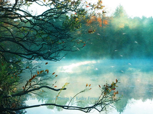 Nature Photography - Dreamy Fantasy Surreal Nature, Teal, Aqua, Turquoise Lake Trees, Surreal Autumn Fall Photo 9" x 12"