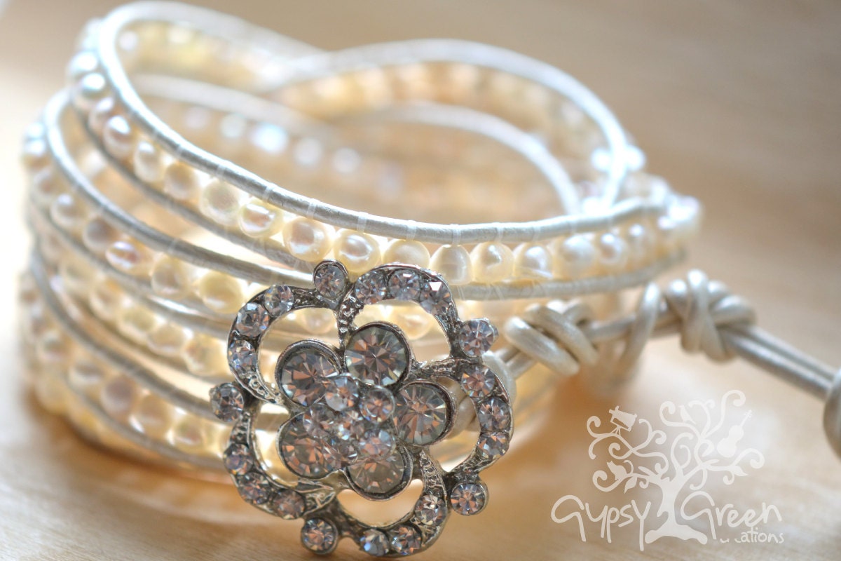 Bride/Bridesmaid Antiqued Rhinestone Beaded Leather Wedding Wrap Bracelet