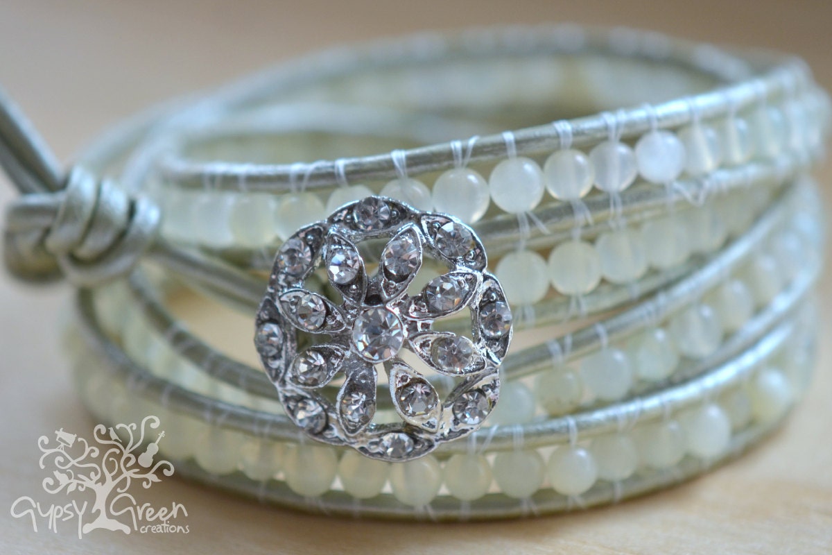 Bride/Bridesmaid Antiqued Rhinestone Beaded Leather Wedding Wrap Bracelet