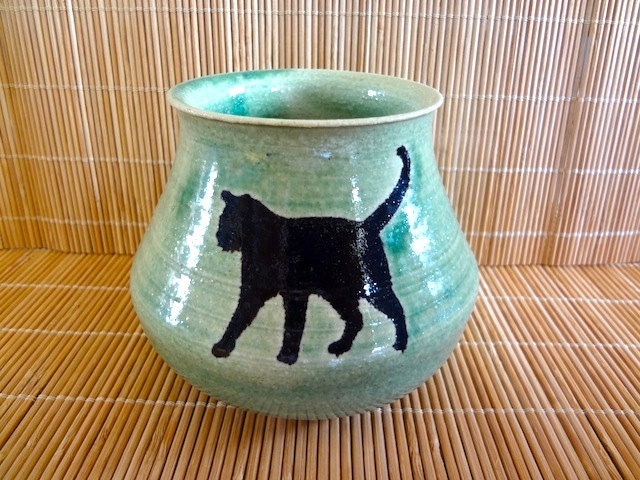Lovely Handmade Blue-Green Stoneware Vase with CAT Silhouette