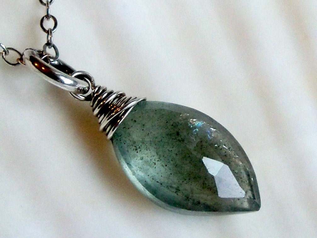 Moss aquamarine and oxidized silver wire wrapped twist marquise briolette necklace - handmade jewelry